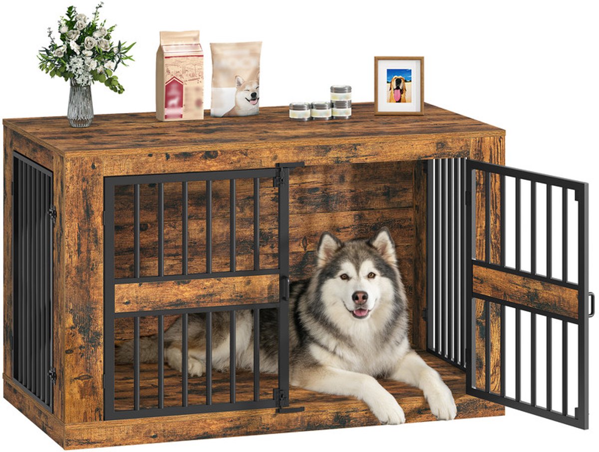 Hzuaneri Hondenbench Meubel, 120 cm Moderne Houten Binnenbench met 4 Deuren, XXL Hondenbench Bijzettafel in Meubelstijl Voor Middelgrote en Grote Honden, 120 x 75,5 x 87 cm, Vintage Bruin