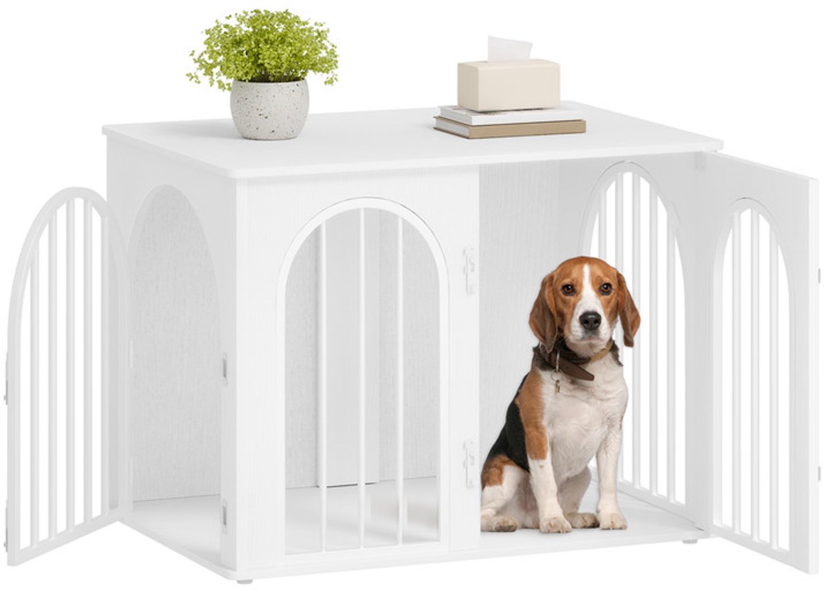 Hzuaneri 80 cm Hondenbench, meubel, hondenbox, 3 deuren, gebogen deur, moderne hondenboxs binnen voor honden, bijzettafel, hondenkooi voor thuis, robuuste hondenbox, 56 x 80 x 61 cm, Wit
