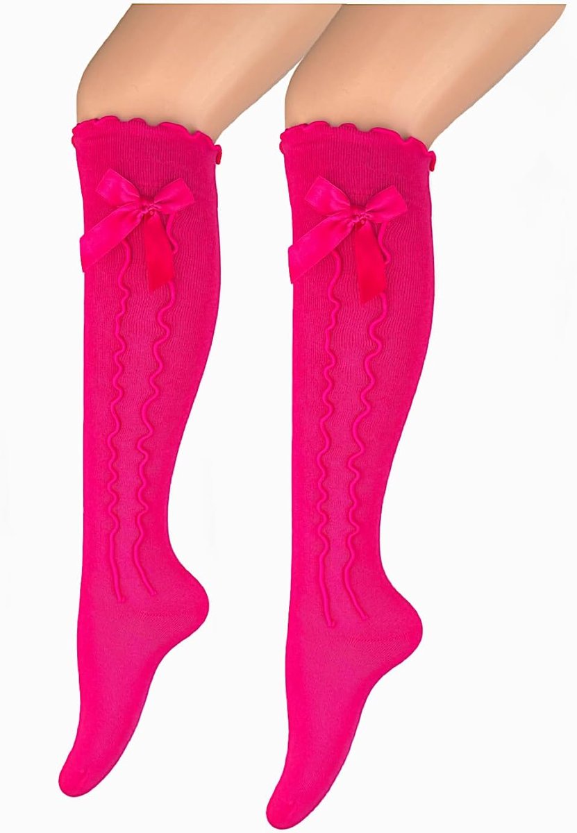Sexy Women's Cocktail Stockings, Traditional Stockings, Knee Stockings with Satin Bow and Ruffles Pink, Hand-Linked - ShopVlot