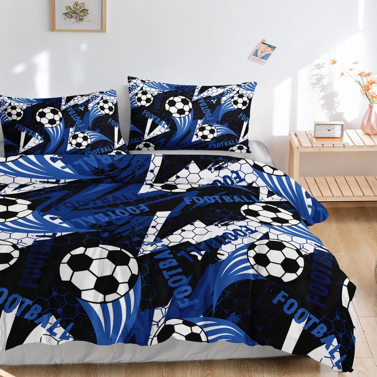 HOSIMA Adult Boys Girls Bedding Set Caricature Football Print Duvet Cover with 2 Pillowcases (Caricature Footballs05S) - ShopVlot
