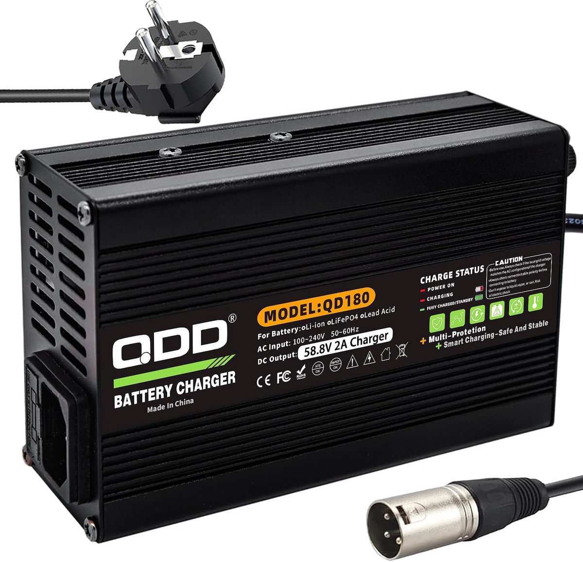 QDD Battery charger, 58.8 V, 2 A, for lithium battery, 14 S, 51.8 V, with cooling fan output, XLR connection, 3-pin - ShopVlot