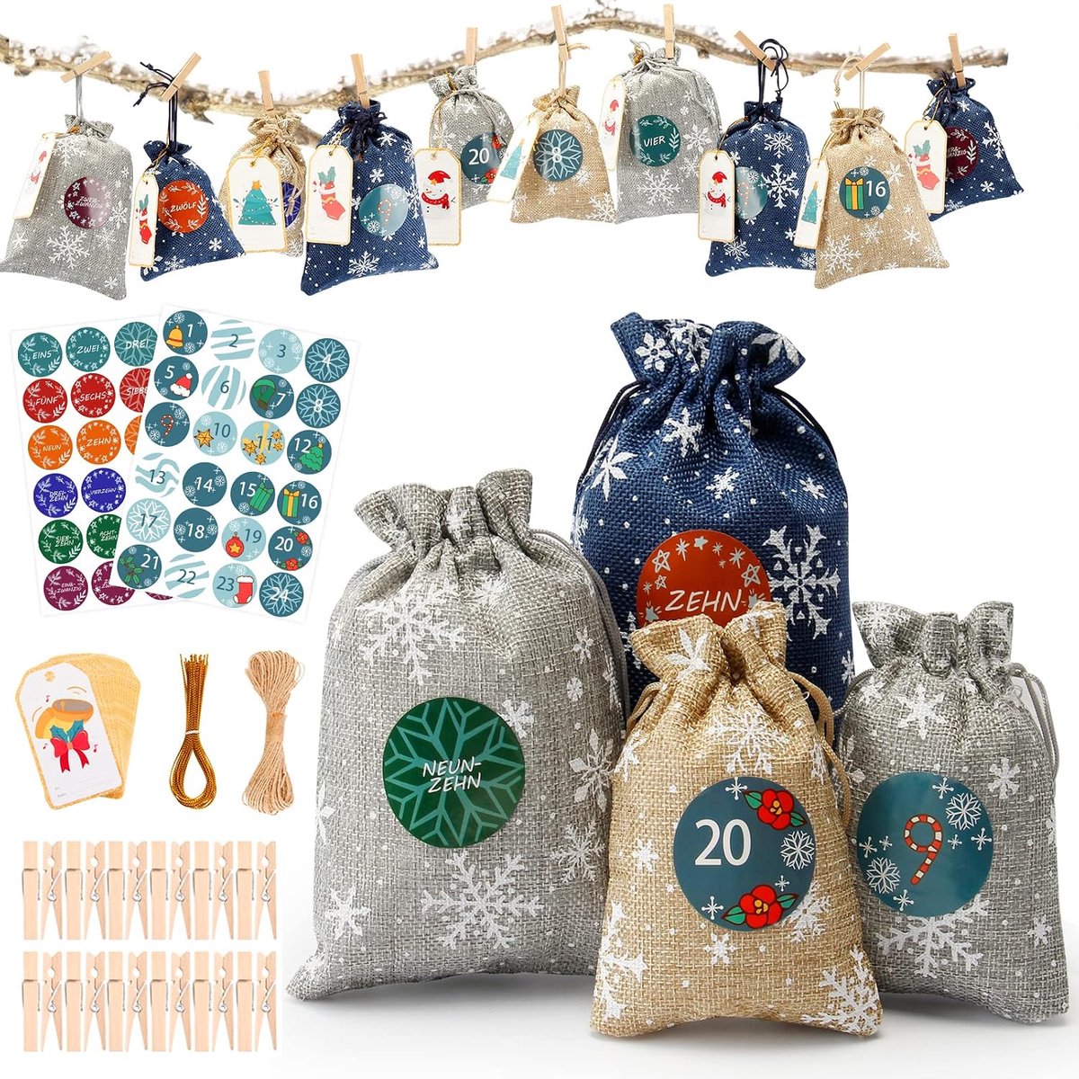 Selene Adventskalender 2022, 24 stuks, om te vullen, stoffen zakjes, kerstcadeauzakjes met 1-24 adventsgetallen - ShopVlot
