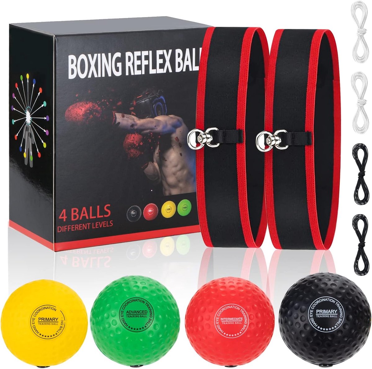 Reflex boksen set - 4 reflexballen - 2 elastische banden - perfect voor reactiesnelheid en coördinatie - ShopVlot