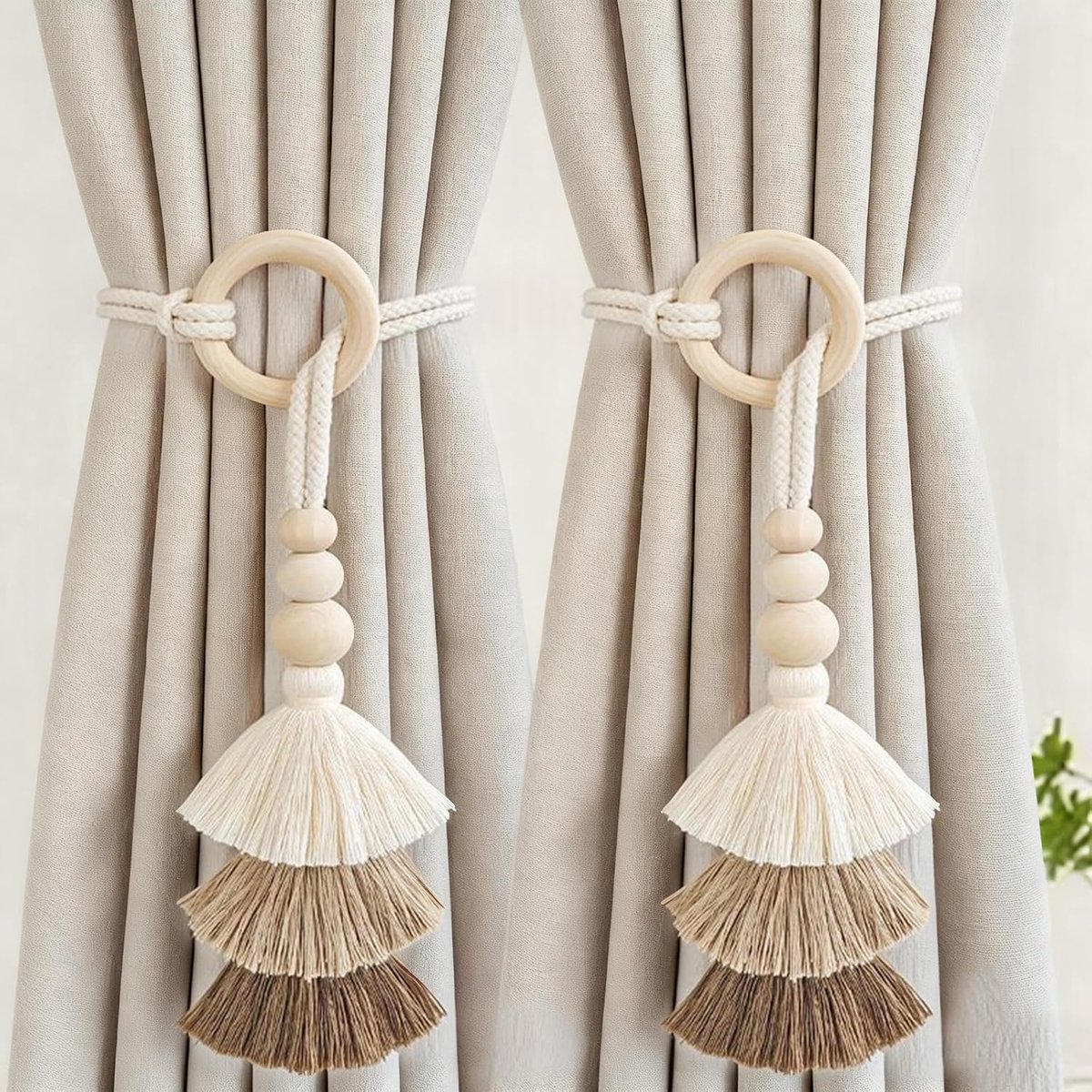 Curtain hooks set van 2 - natuurlijke katoenkoord - handgeweven met houten ring - ideaal voor sfeervolle raambekleding - ShopVlot