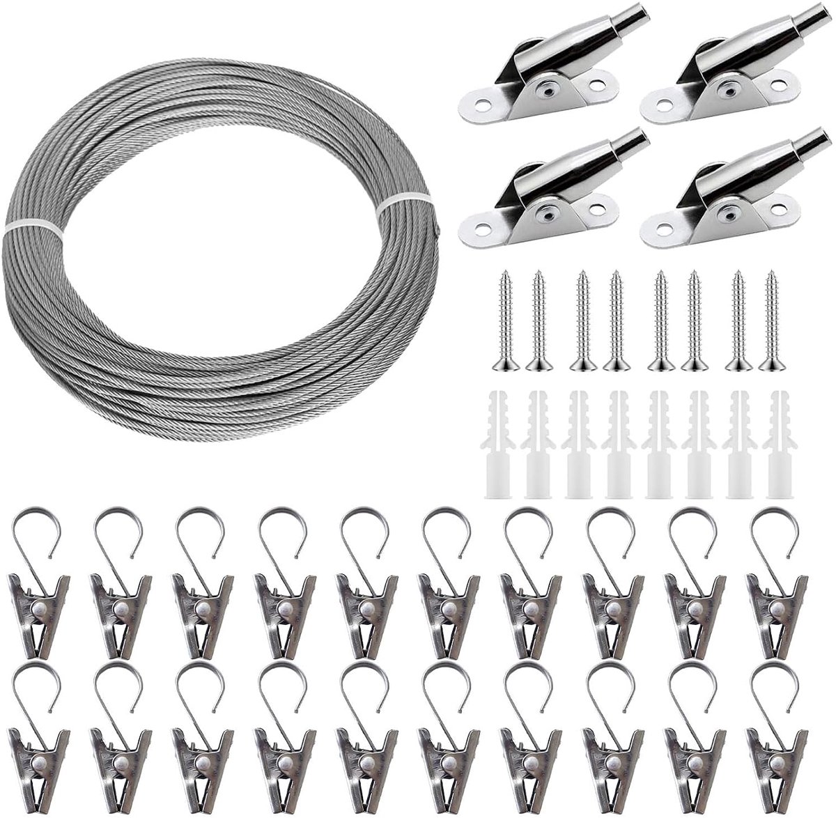 Gordijnspanner Set 10 m - Roestvrijstaal met PVC Laag - Inclusief 4 Hoekhouders - Ideaal voor Thuisdecoratie - ShopVlot