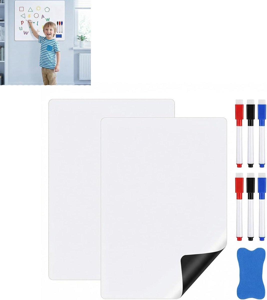 Set van 2 magnetische A4 whiteboards - herbruikbaar PET-materiaal - met 6 stiften en gum - ideaal voor thuis en kantoor - ShopVlot