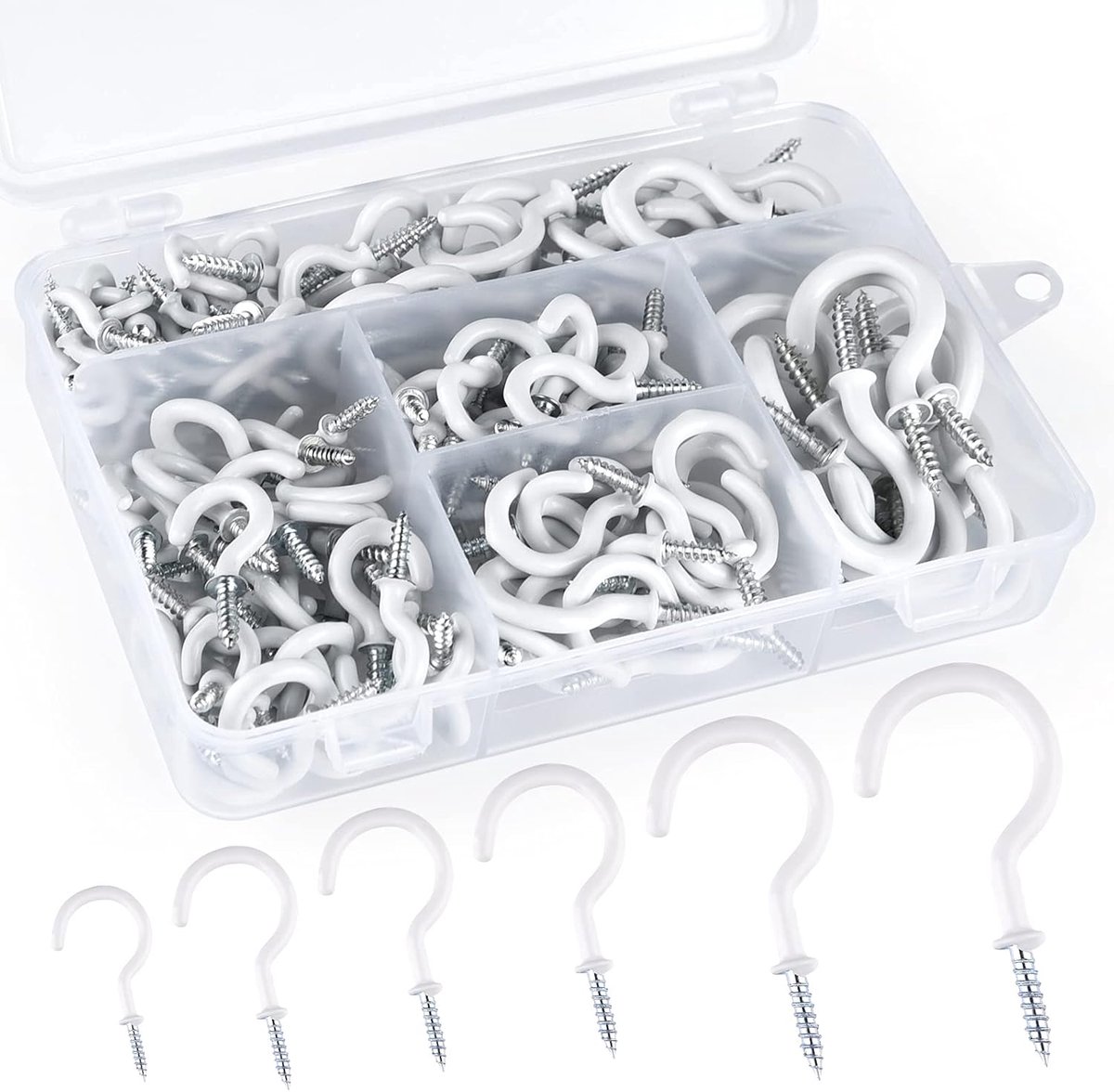 SnelShoppen - 170-delige Vinyl Haak Schroeven Set, Plafondhaakjes, Schroefhaken, Cup Haken, Gecoate Cup Haken in Plastic Box, 6 Maten (Wit)