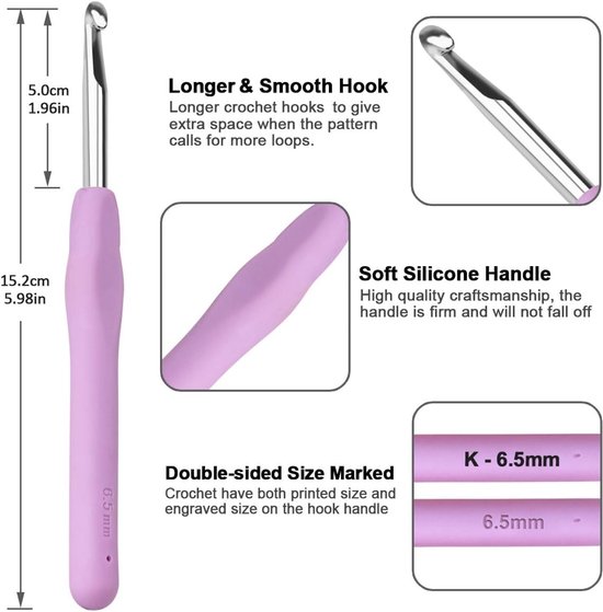 Ergonomische haaknaald 6.5 mm, zachte aluminium handgreep voor beginners en hobbyisten in haken en breien — afbeelding 5