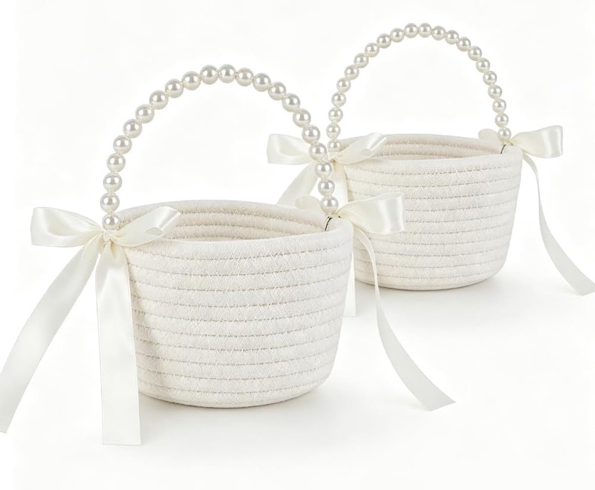 Bloemenmeisjesmand 2 stuks - Katoen - Handvat met parelketting - Perfect voor bruiloft - ShopVlot