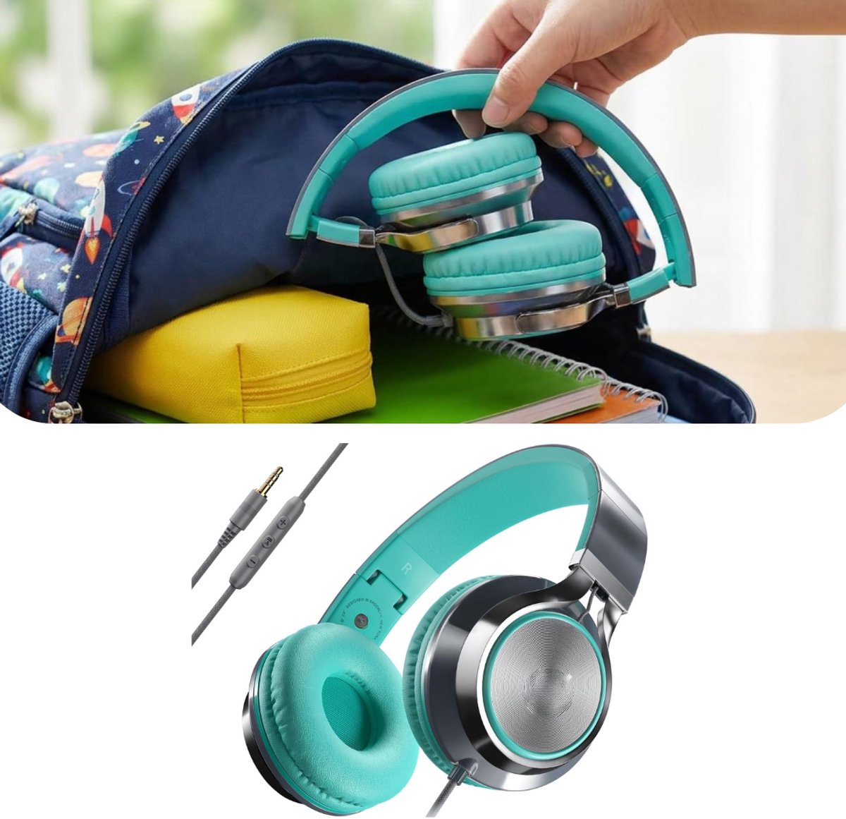 Zavio® Koptelefoon Kinderen met Draad - Gaming Headset - Turkoois en Grijs