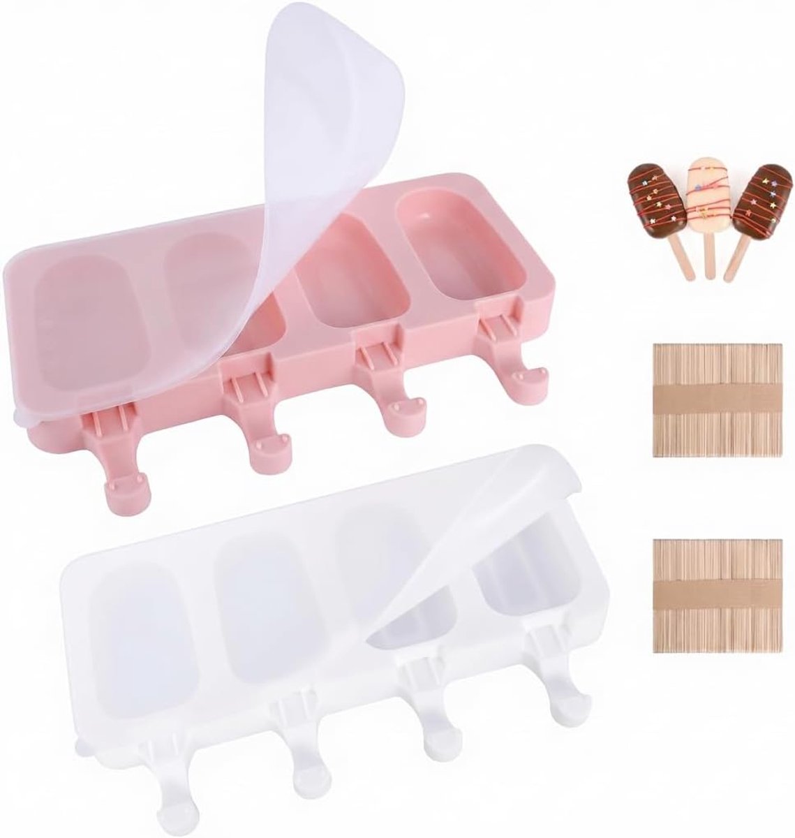 IJsblokjesvormen silicone 2 stuks 4 holtes - BPA-vrij - met deksel en houten stokjes - ideaal voor zomerse ijsjes - ShopVlot