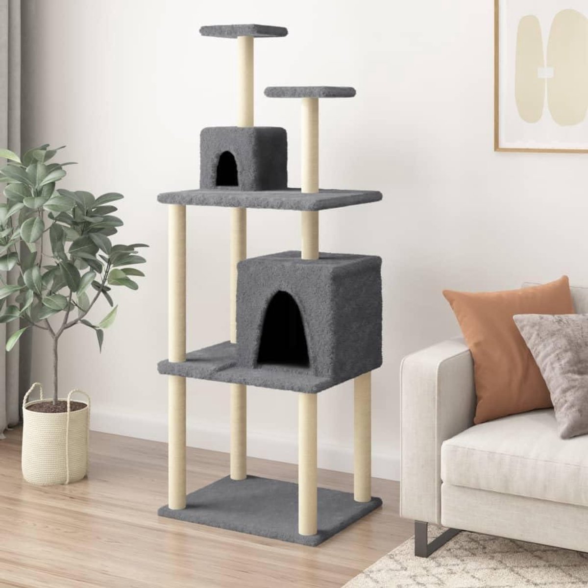 Krabpaal voor katten - Kattentoren kattenspeelgoed - Katten vermaken - Twee huizen en platforms - 16.45 Kilogram - Donkergrijs