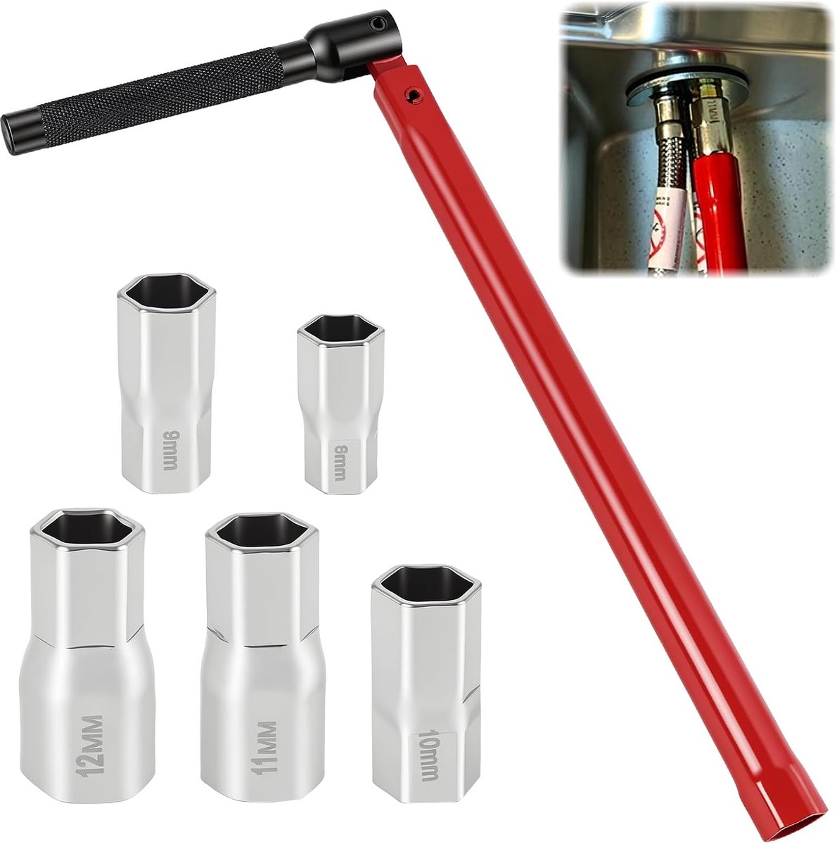 Moersleutelset voor kranen 8-12 mm - 6-delige set - inclusief adapters - ideaal voor moeilijk bereikbare plaatsen - ShopVlot