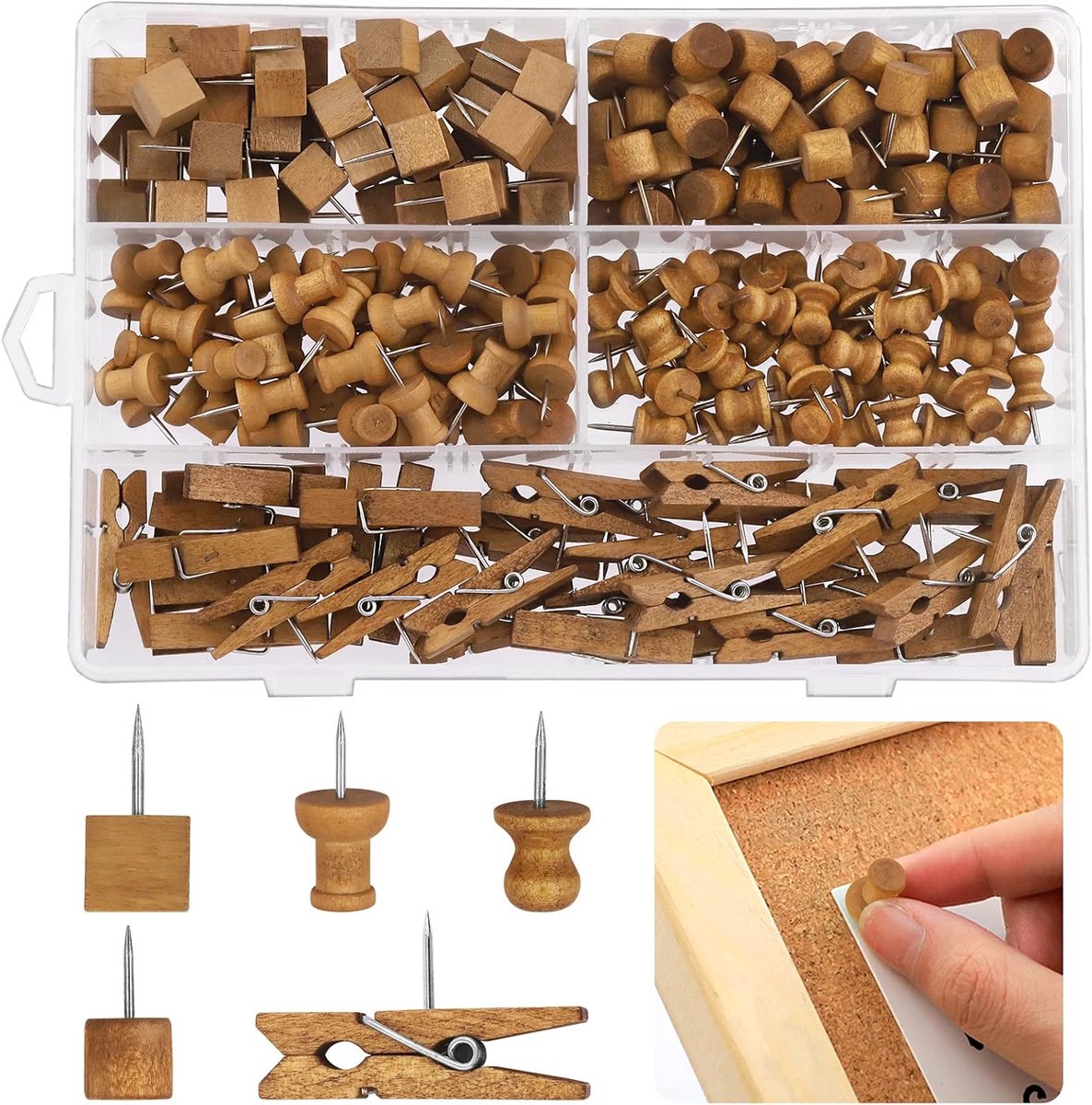 Pushpins set 250 stuks - houten en staal - schattige vormen - ideaal voor prikborden - ShopVlot