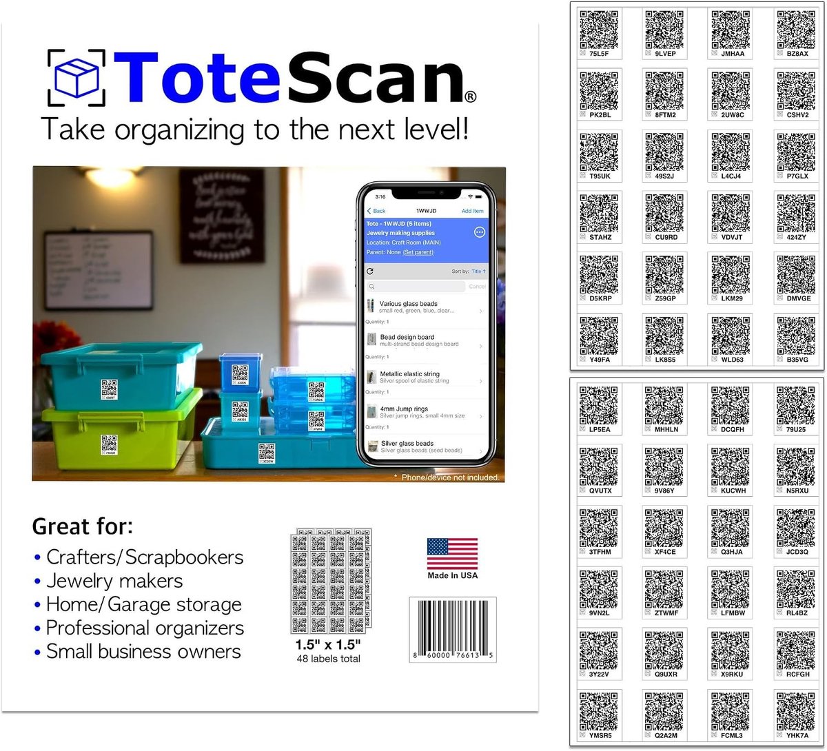 ToteScan QR labels - 48 unieke labels - 1,5"x1,5" - georganiseerd labelen - eenvoudig delen met familie - ShopVlot