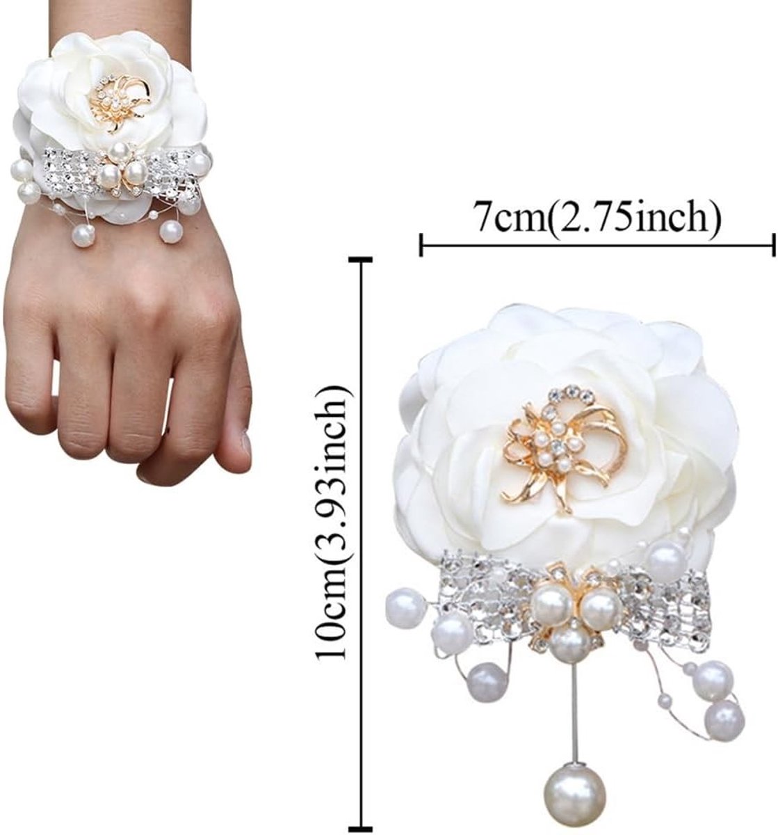 Set van 2 Stuks Satijnen Rozen Corsage en Polsboeket voor Bruiloft en Prom, 10cm x 7cm (Wit) - Perfecte Accessoires voor Feesten en Ceremonies