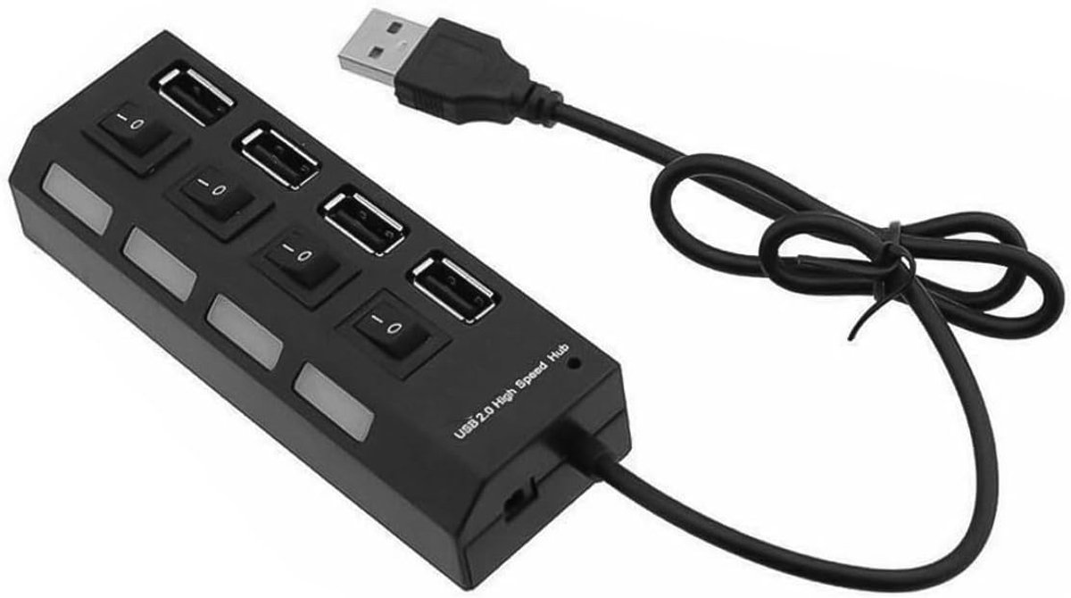 USB 2.0-hub 4-poorts - zwarte splitter met aan/uit-schakelaars - snelle gegevensoverdracht - ideaal voor laptop en pc - ShopVlot