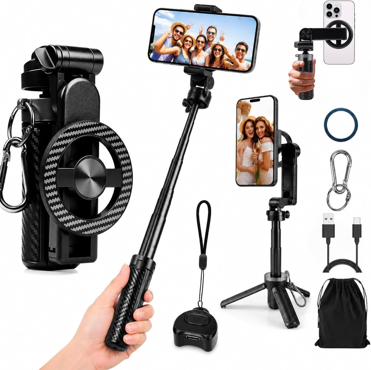 Selfiestickhouder met sterke magneten - Draagbaar mini telefoonstatief - Uittrekbaar aluminium - Perfect voor vloggen - ShopVlot