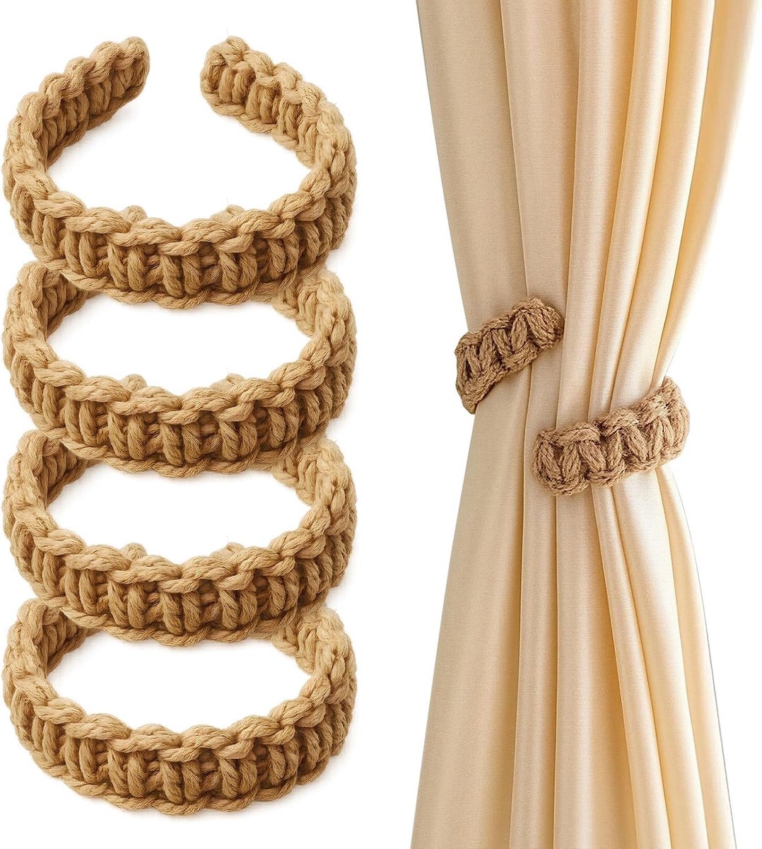 Gordijnhouders 4 Stuks - Boho Handgebreid - Katoenen Touw - Voor Lichte Gordijnen - ShopVlot
