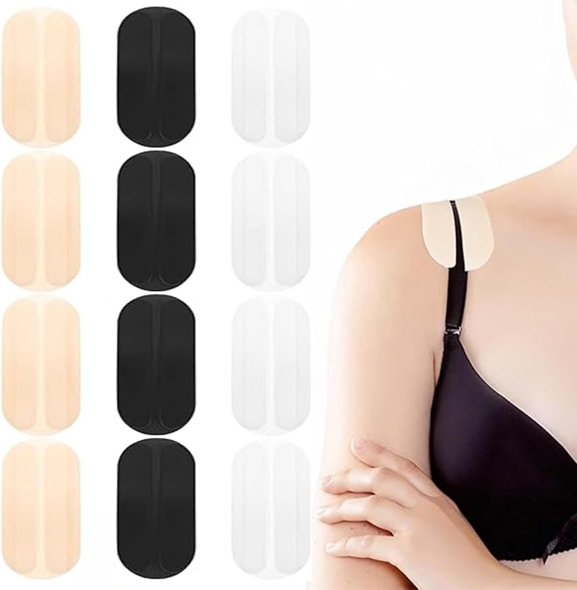 Pack of 12 Silicone Bra Carrier Pads, Silicone Shoulder Pads, Bra Carrier Pads Set in Black, White and Skin Colour - ShopVlot
