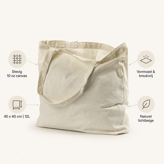 Licht beige canvas shopper, 45 x 40 cm, 12L inhoud, 10 oz dik canvas, vormvast en kreukvrij.