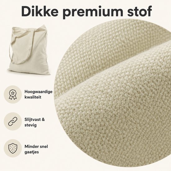 Close-up van de dikke, geweven canvas stof in licht beige. Hoge kwaliteit, slijtvast en stevig.