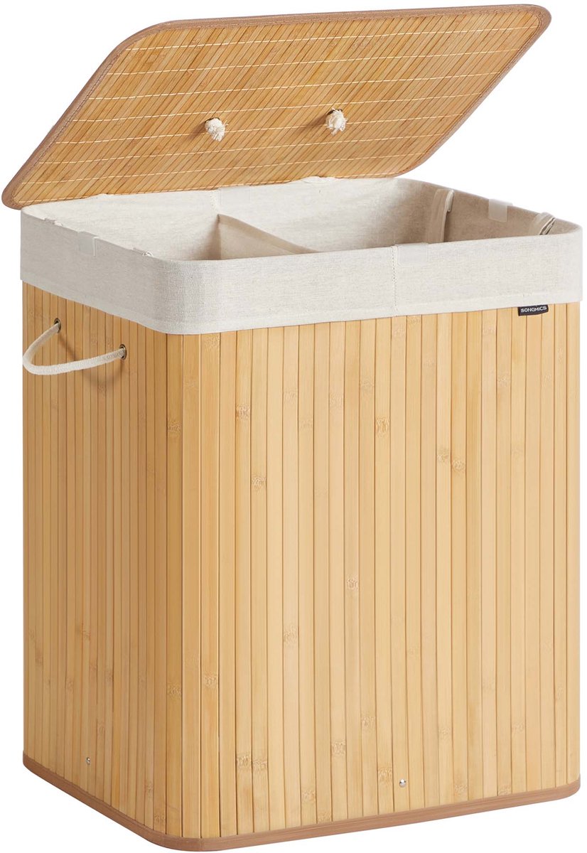 Wasmand, sorteermand met twee vakken, 50x40x61cm, natuurlijke houtkleur, grote capaciteit 120L, bamboe frame draagvermogen 15kg, met afneembare wasbare binnenzak en katoenen handgrepen, opvouwbaar ontwerp voor eenvoudige opslag