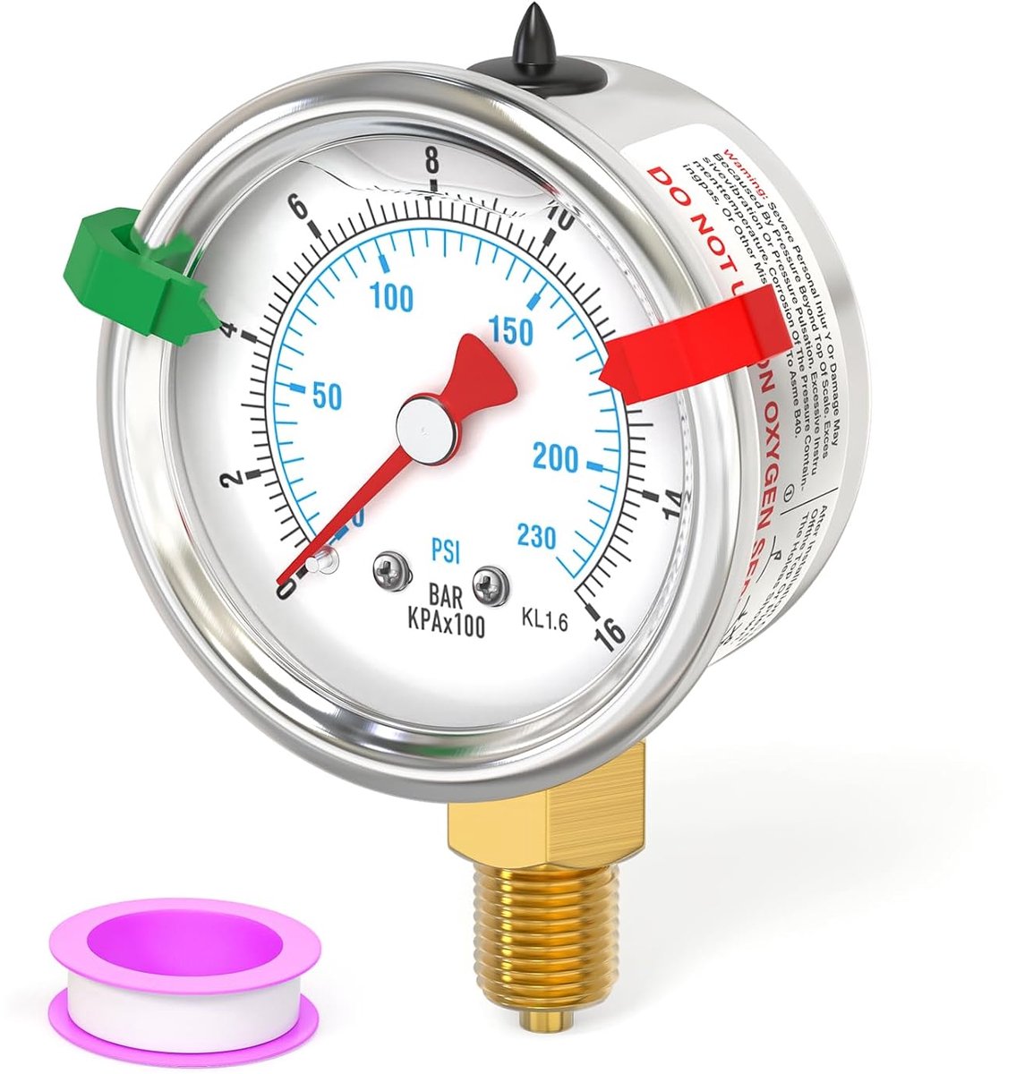 0-16 bar/0-230 psi vloeistofgevulde manometer, 1/8" BSP 1,5" wijzerplaat roestvrij staal gevuld met glycerine - ShopVlot