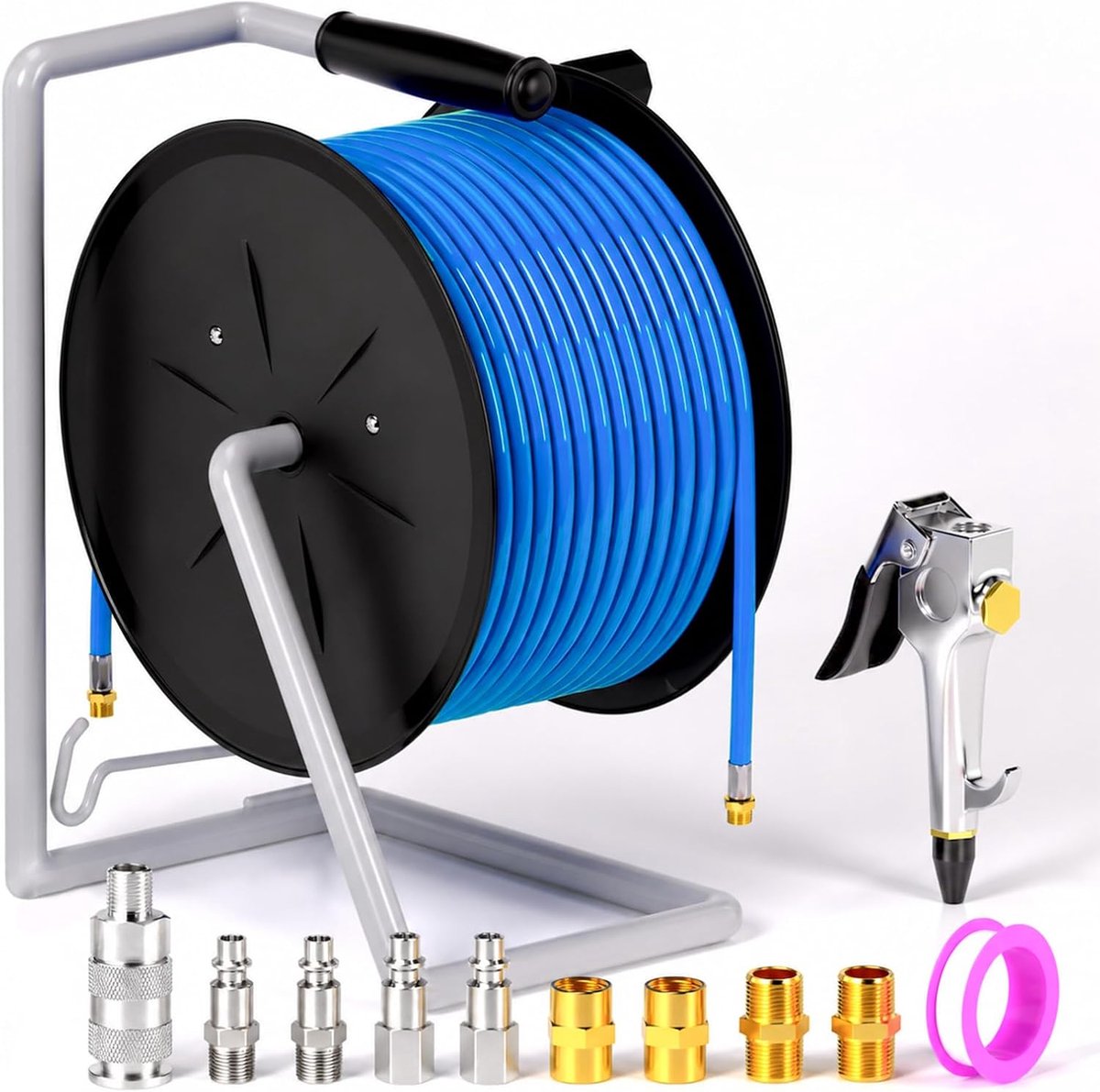 Luchtslang Haspel 20M 8x12mm met Blaaspistool Set - 20m PU-luchtslang, handmatige zwengelhaspel, met blaaspistool & - ShopVlot