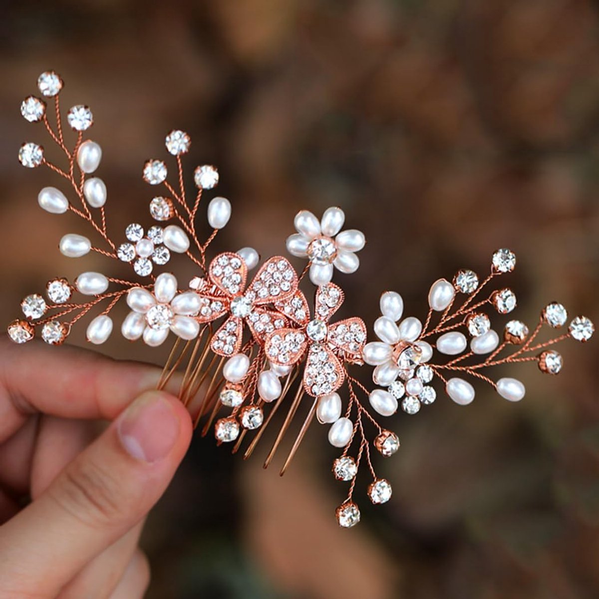 Crystal Bridal Hair Comb with Pearls and Flowers Side Comb for Women and Girls (Rose Gold) - ShopVlot
