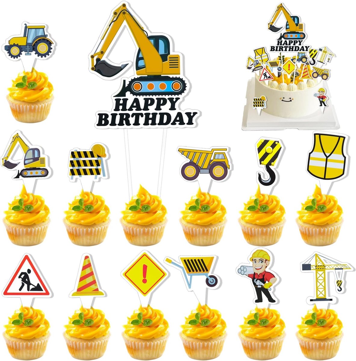 Tractor Cake Decoration, 13 Pieces, Construction Site Cupcake Decoration, Birthday Decoration, Digger Theme Party - ShopVlot
