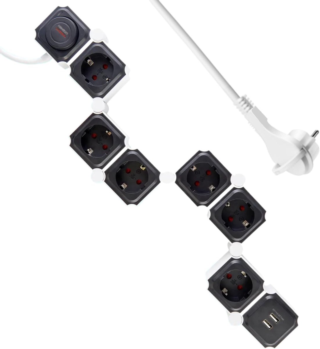 6‑voudig flexibel stekkerblok met USB‑poorten, TÜV GS‑gecertificeerd - ShopVlot