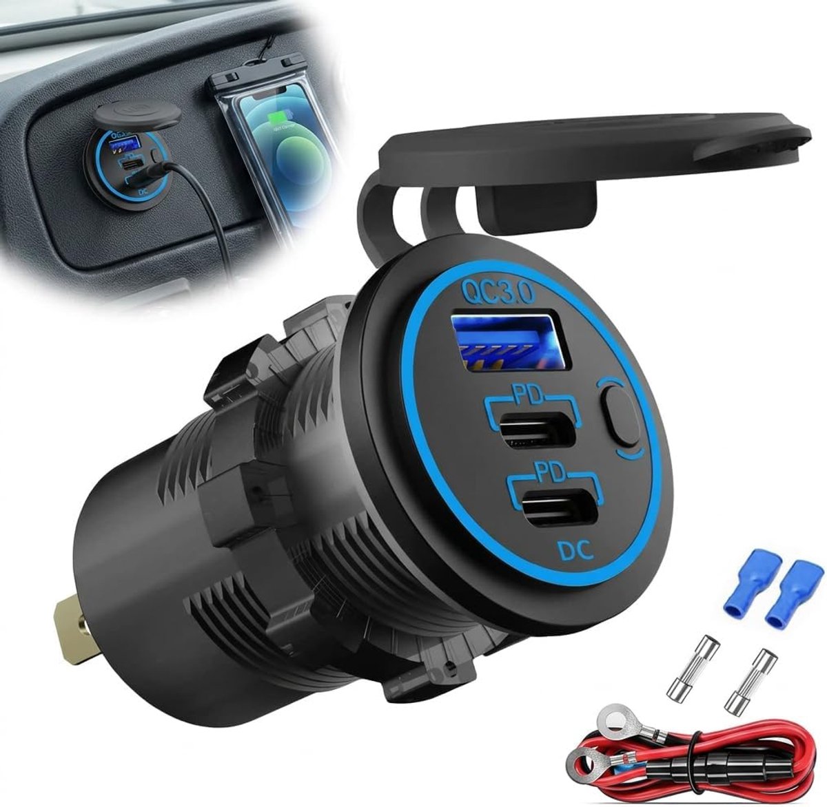 USB-aansluiting, 12 V, USB-oplader, bekabeld, meerdere poorten, dubbele autoaansluiting PD3.0 en QC3.0 met schakelaar - ShopVlot