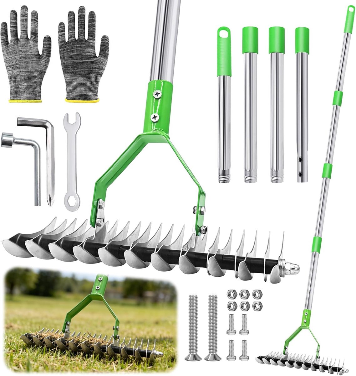 TZEKING Scarifier Lawn, Rake with 163cm Handle, Manual Lawn Scarifier, Hand for Cleaning Plants, Lawn, Garden - ShopVlot