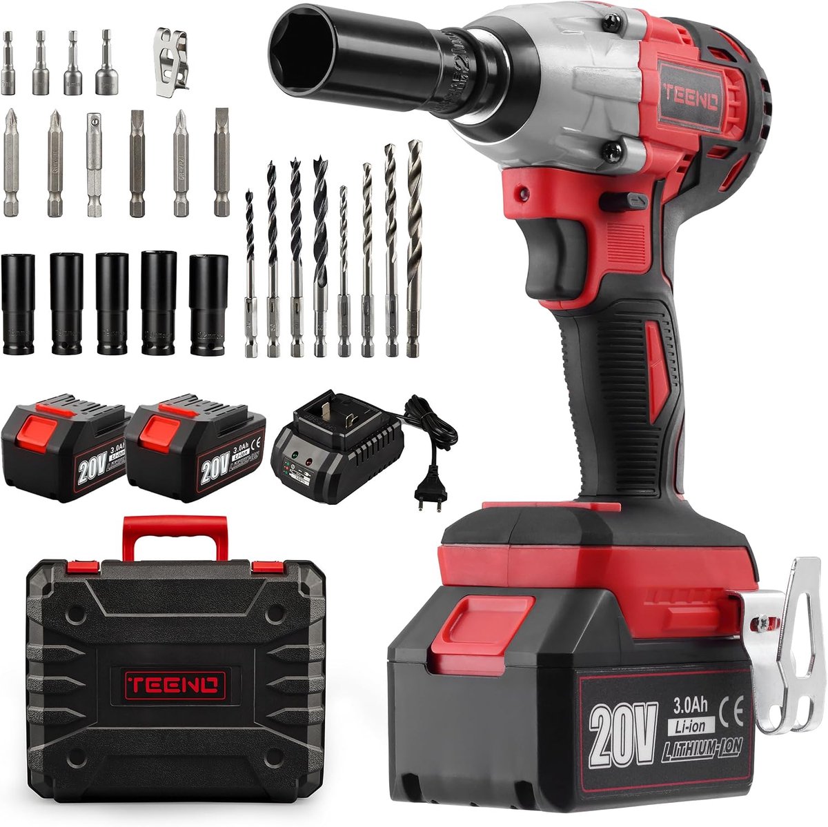 TEENO Brushless Battery Impact Wrench, 320 Nm Impact Wrench with 3.0 Ah Battery, Wheel Bolts, 25 Pieces Accessories - ShopVlot