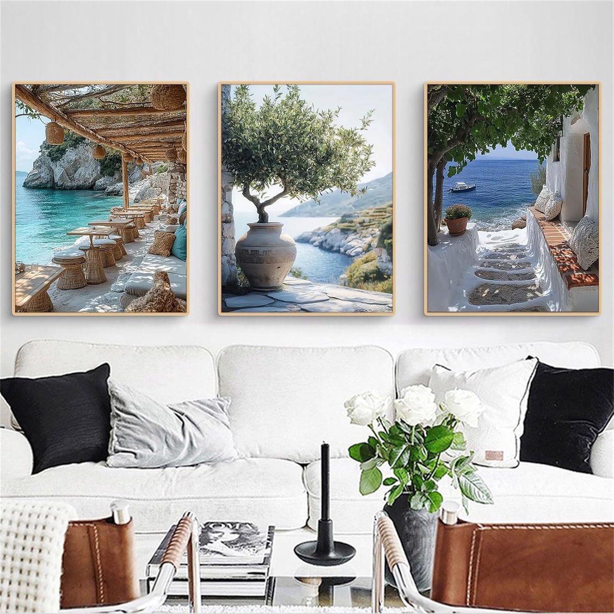 TROYSINC Set of 3 Mediterranean Sea Landscape Posters, Aesthetic White Buildings and Olive Trees Picture - ShopVlot