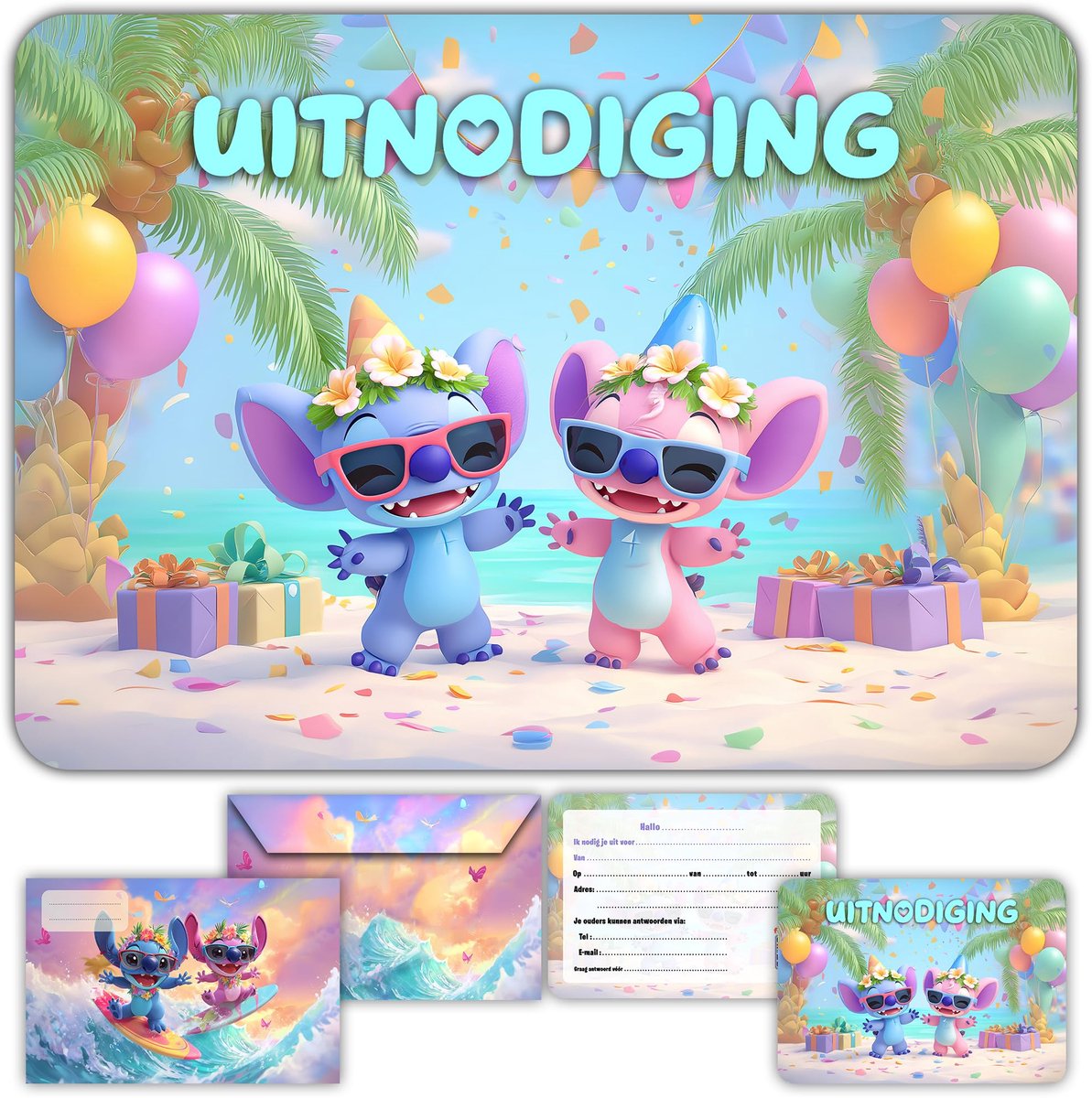Fun4kid 12x Uitnodigingen Kinderfeestje Meisje Jongens met Enveloppen voor Verjaardag. Roze en Blauwe - ShopVlot