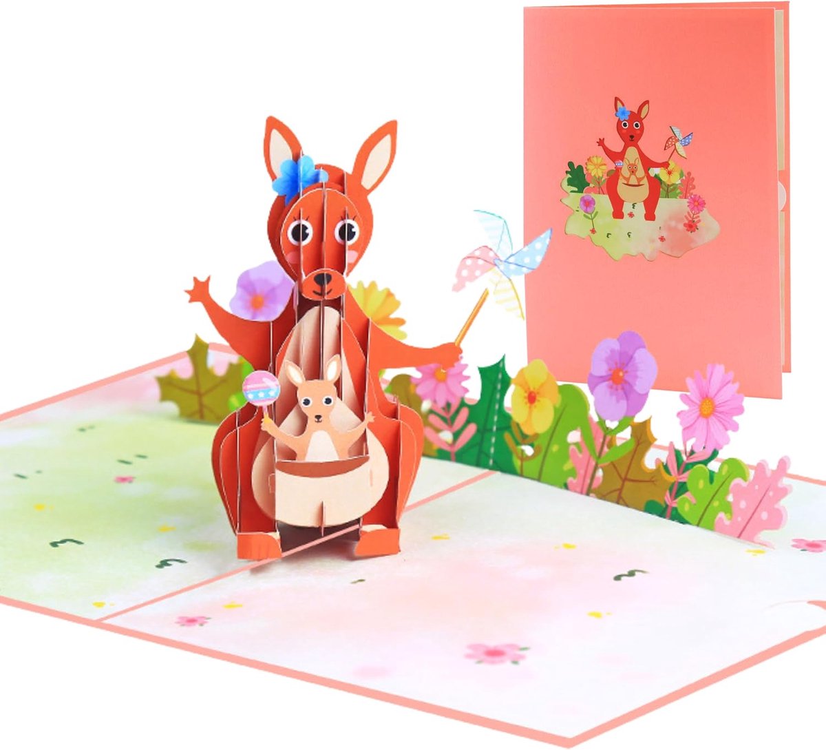 Pop-upkaart kangoeroe, liefdevolle 3D-wenskaart met kangoeroe en baby, schattige verjaardagskaart voor kinderen - ShopVlot