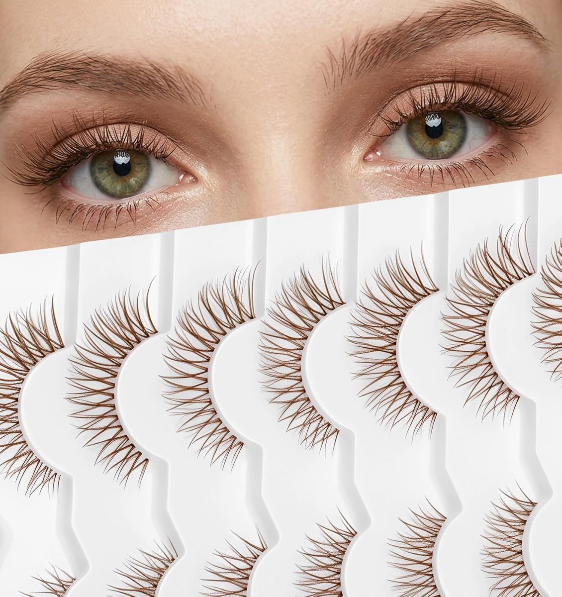 7 Pairs Brown Eyelashes, Brown Eyelash Clusters, Natural Look, Cat Eye with Transparent Band, Wispy Volume, C-Curl - ShopVlot