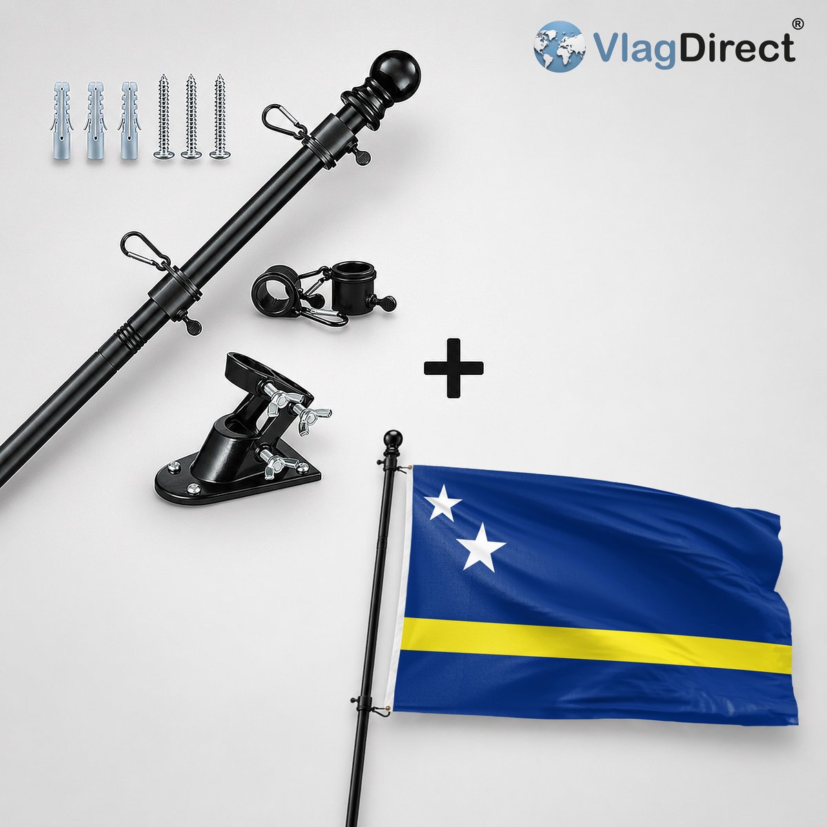 VlagDirect - Compleet vlaggenpakket - Zwarte vlaggenstok inclusief vlaggenstokhouder + Curacaose vlag - Curacao vlag - 90 x 150 cm.