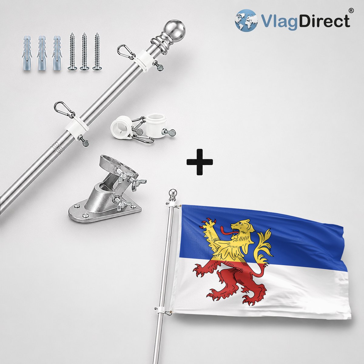 VlagDirect - Compleet vlaggenpakket - Zilveren vlaggenstok inclusief vlaggenstokhouder + Neder-Betuwe vlag - Gemeente Neder-Betuwe vlag - 90 x 150 cm.