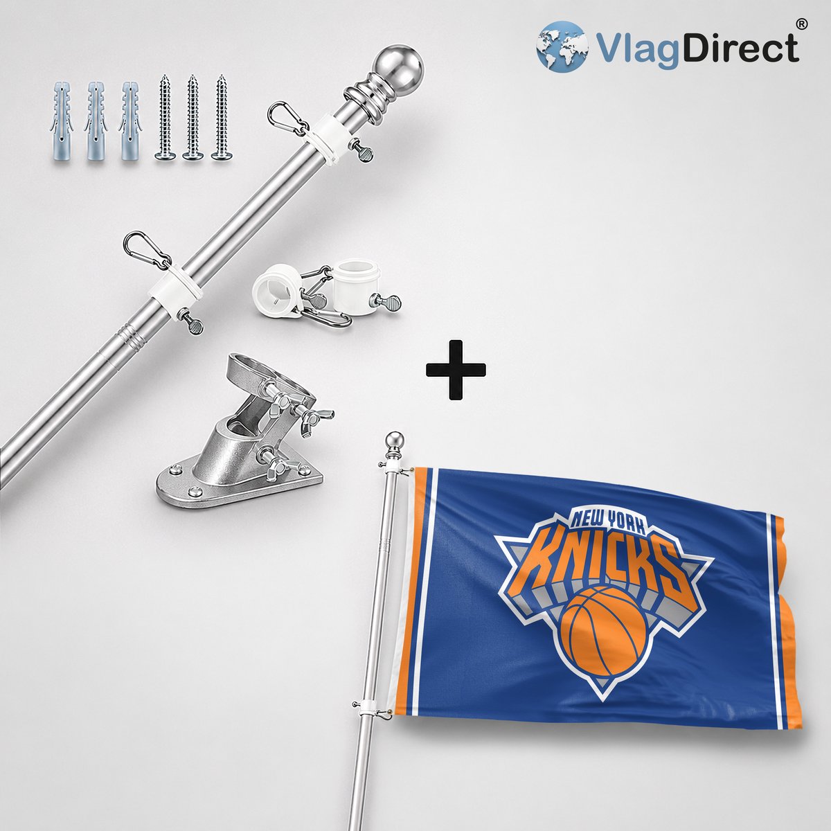 VlagDirect - Compleet vlaggenpakket - Zilveren vlaggenstok inclusief vlaggenstokhouder + New York Knicks vlag - New York Knicks basketbalteam vlag - 90 x 150 cm.
