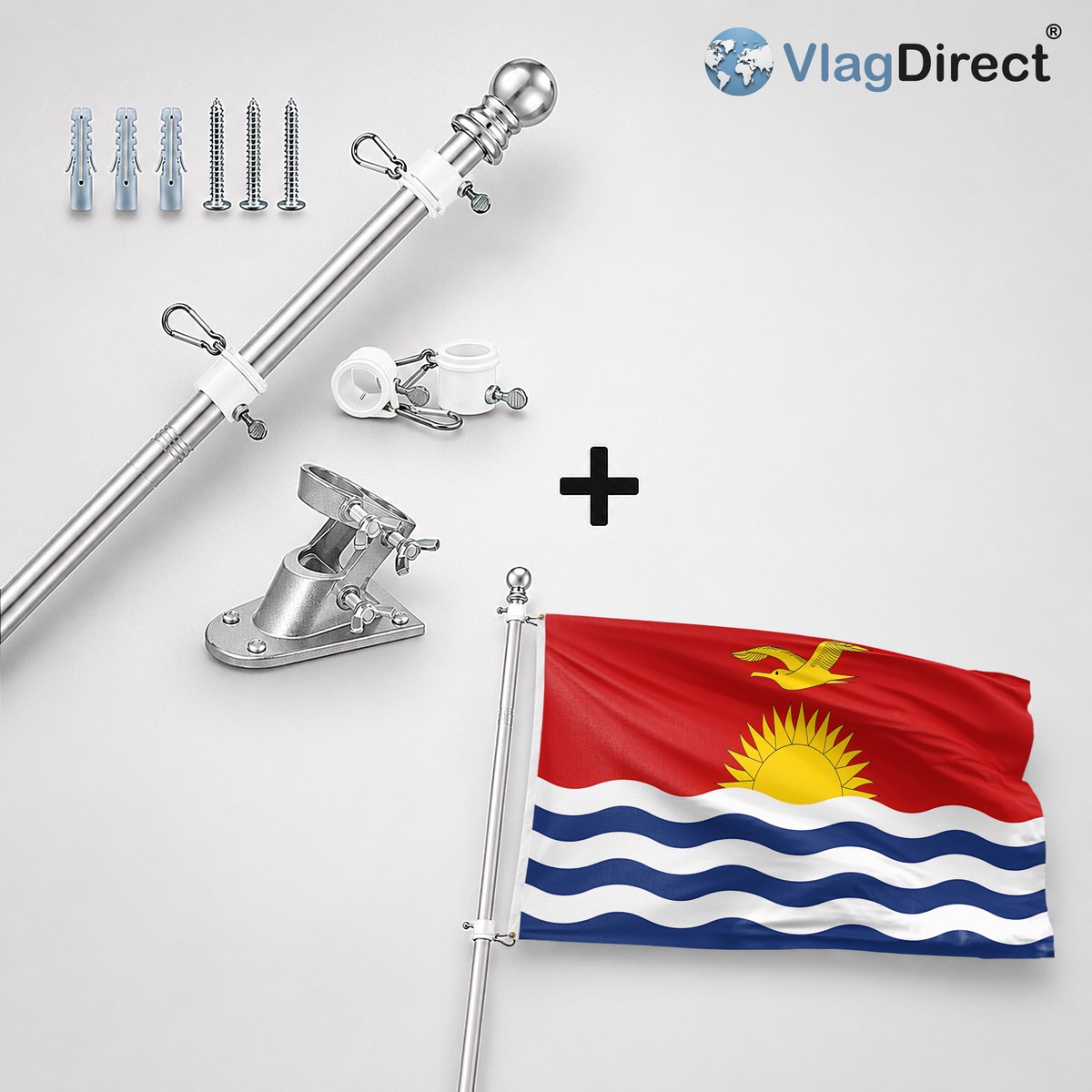 VlagDirect - Compleet vlaggenpakket - Zilveren vlaggenstok inclusief vlaggenstokhouder + Kiribatische vlag - Kiribati vlag - 90 x 150 cm