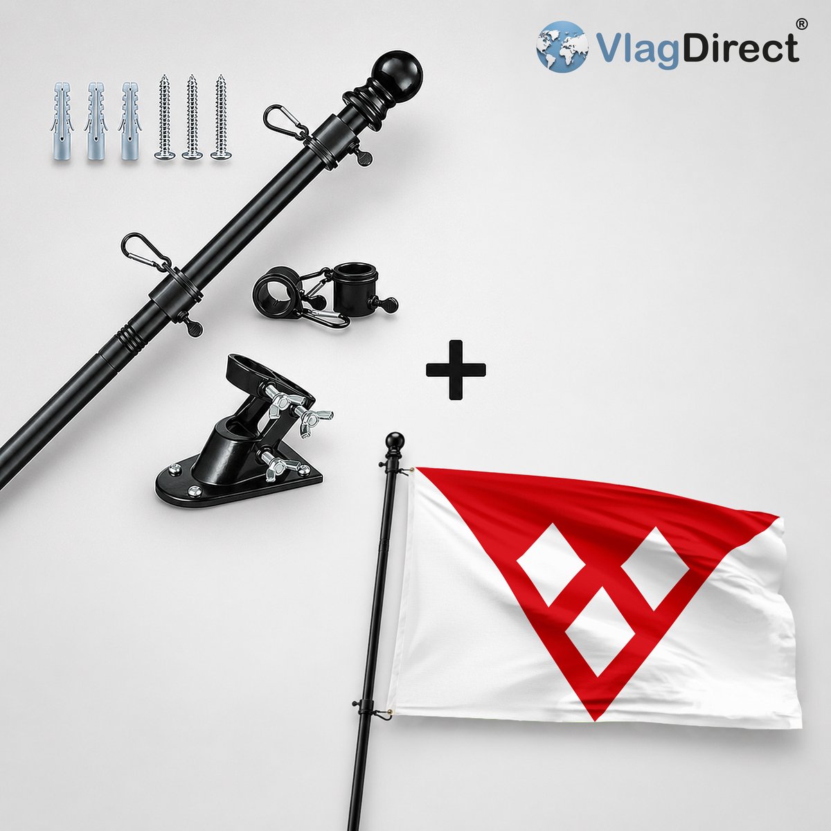 VlagDirect - Compleet vlaggenpakket - Zwarte vlaggenstok inclusief vlaggenstokhouder + Rijkevorselse vlag - Gemeente Rijkevorsel vlag - 90 x 150 cm.