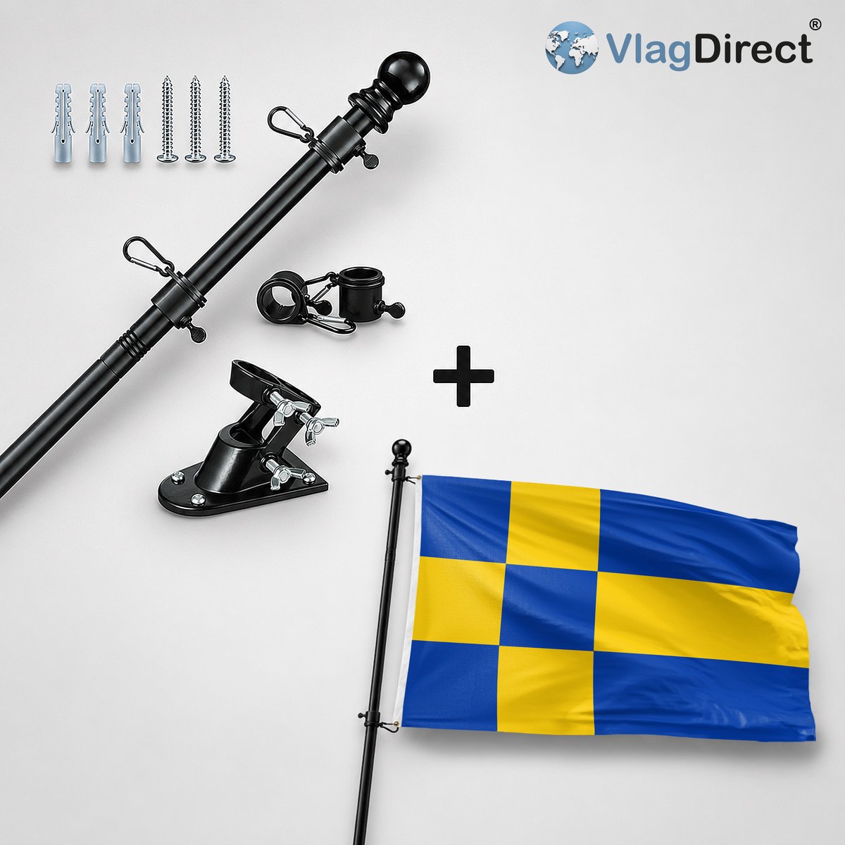 VlagDirect - Compleet vlaggenpakket - Zwarte vlaggenstok inclusief vlaggenstokhouder + Tilburg vlag - Gemeente Tilburg vlag - 90 x 150 cm.