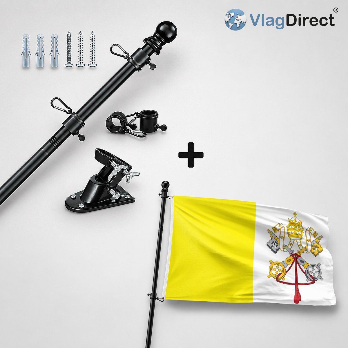 VlagDirect - Compleet vlaggenpakket - Zwarte vlaggenstok inclusief vlaggenstokhouder + Vaticaanse vlag - Vaticaanstad vlag - 90 x 150 cm.