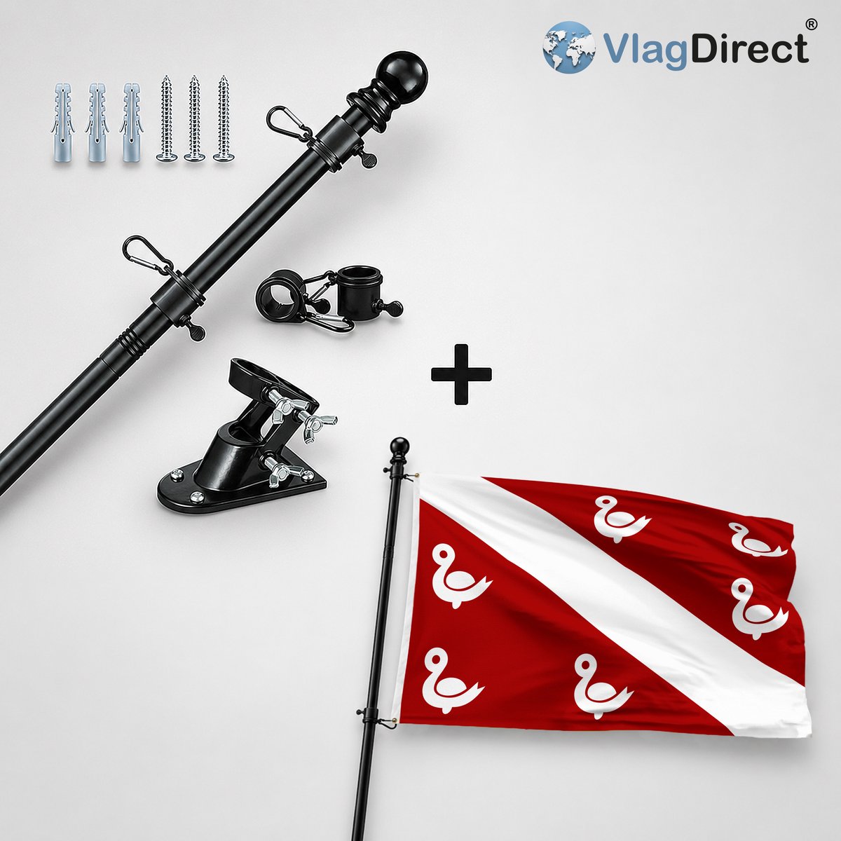 VlagDirect - Compleet vlaggenpakket - Zwarte vlaggenstok inclusief vlaggenstokhouder + Oostkampse vlag - Gemeente Oostkamp vlag - 90 x 150 cm.