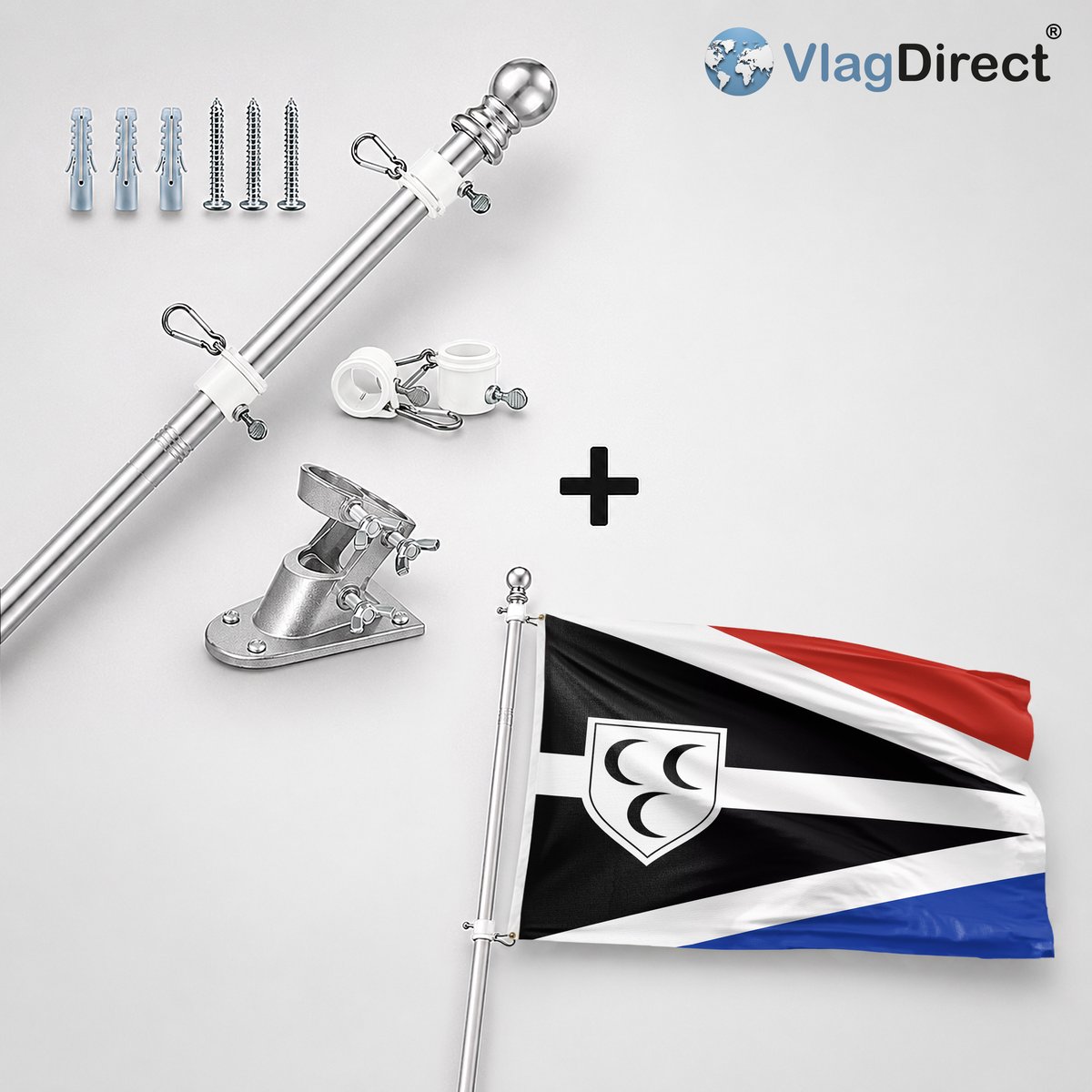 VlagDirect - Compleet vlaggenpakket - Zilveren vlaggenstok inclusief vlaggenstokhouder + Krimpen aan den IJssel vlag - Gemeente Krimpen aan den IJssel vlag - 90 x 150 cm.