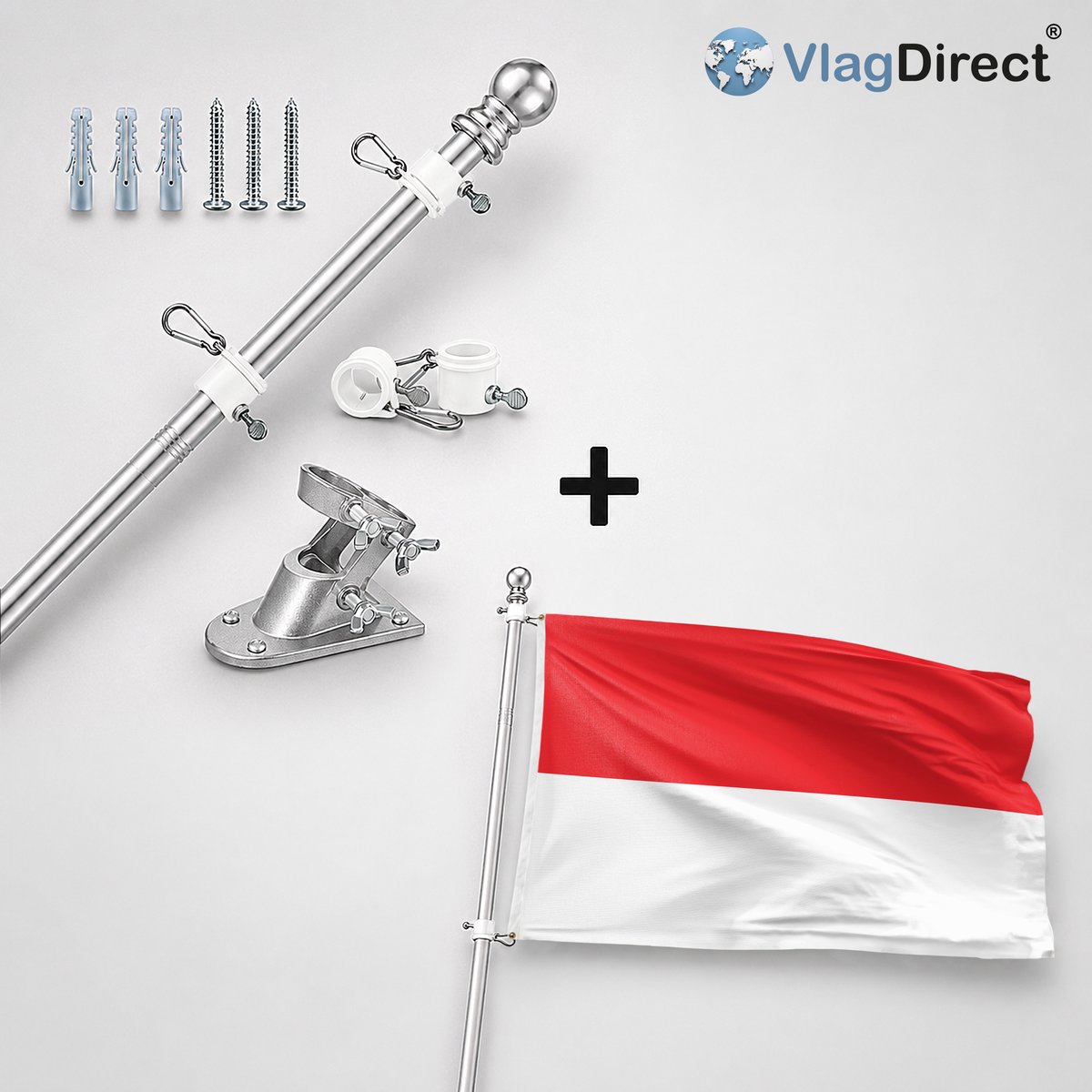 VlagDirect - Compleet vlaggenpakket - Zilveren vlaggenstok inclusief vlaggenstokhouder + Indonesische vlag - Indonesië vlag - 90 x 150 cm.