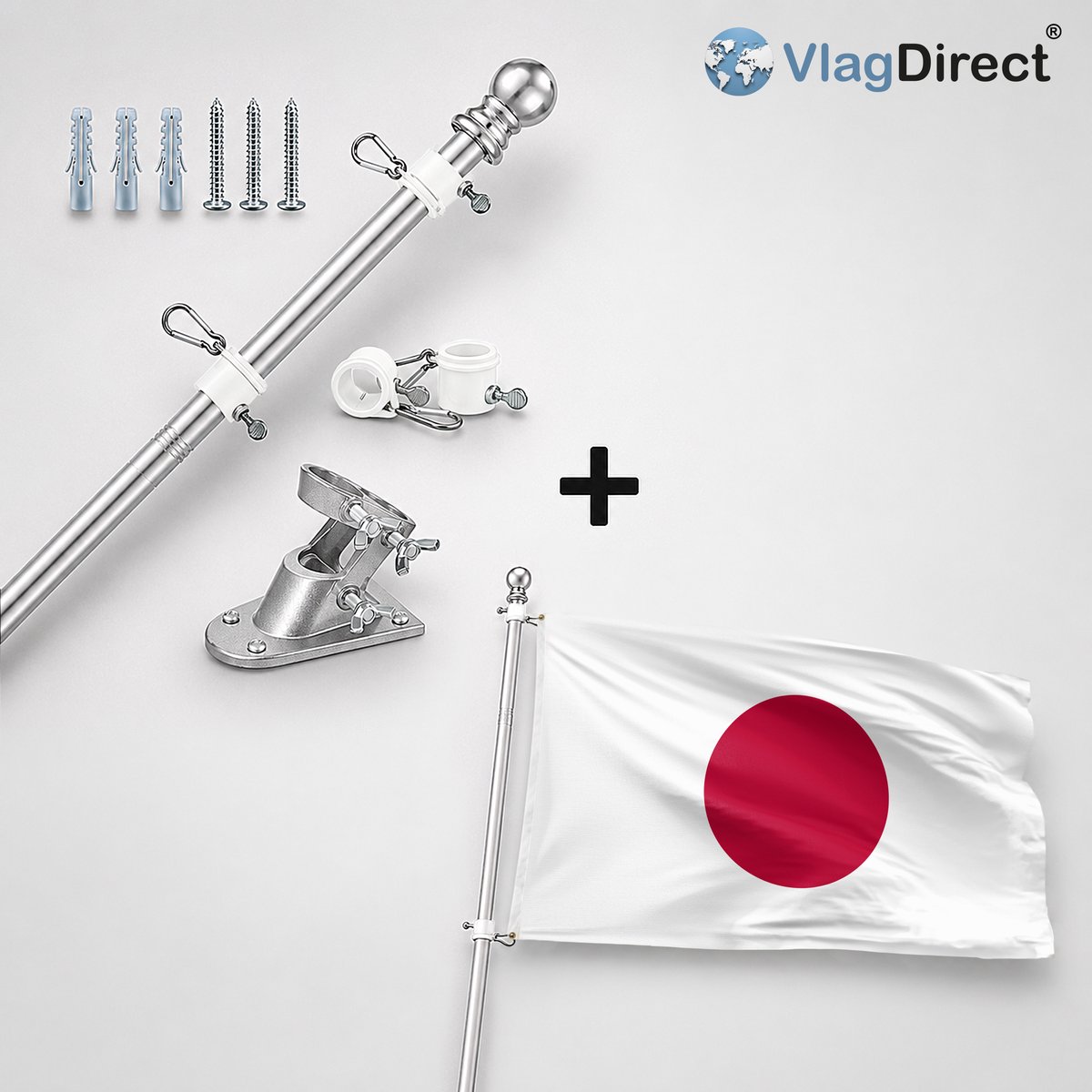 VlagDirect - Compleet vlaggenpakket - Zilveren vlaggenstok inclusief vlaggenstokhouder + Japanse vlag - Japan vlag - 90 x 150 cm.